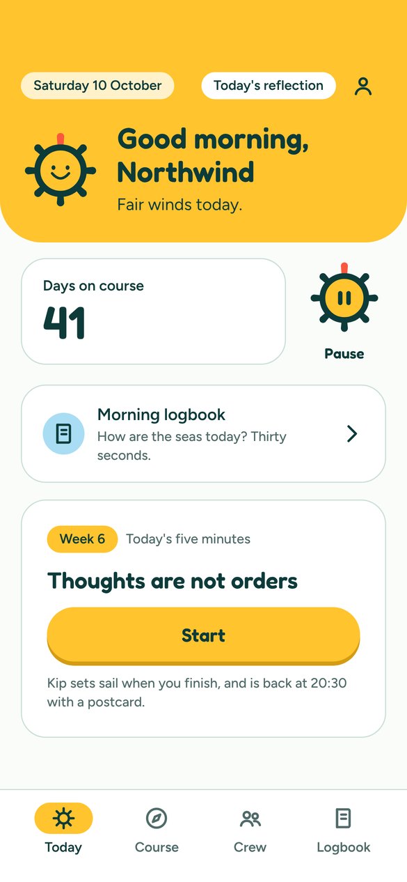 The Helmkind home screen: days on course, the Pause button and today's five minutes